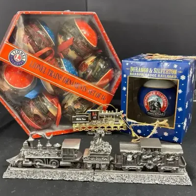 Vintage Metal Holiday Express Locomotive Train And Cars W/ Lionel Trains Christmas Ornaments & Not