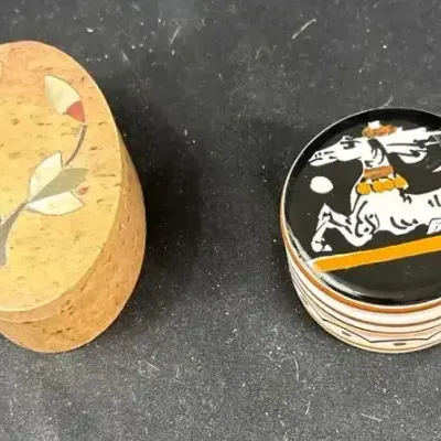 2 Vintage Decorative Trinket Boxes- Inlaid Floral & Asian Style Figural Designs