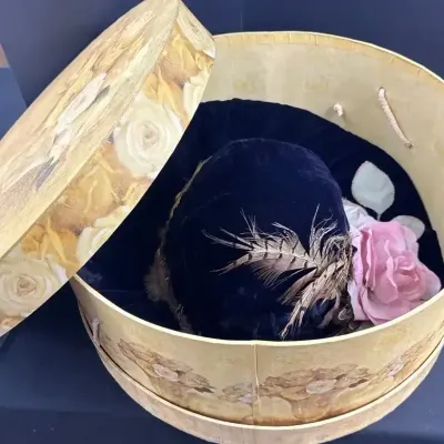 Vintage Navy Velvet Feather & Pink Rose Hat With Floral Box