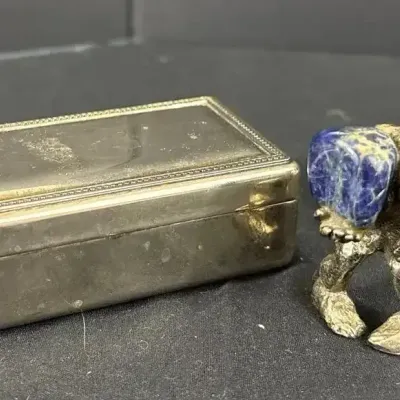 Vintage Metal Gnome Dwarf Figurine Holding Blue Stone