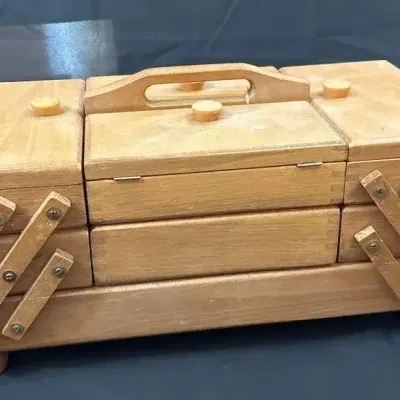 Vintage Wooden Sewing Tool Box With Compartments