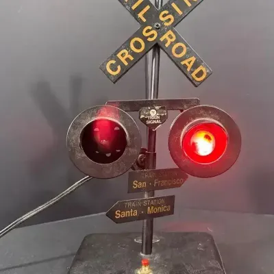 Vintage Railroad Train Signal Crossing With Green And Red Flashing Lights 