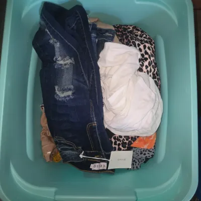 Sale Photo Thumbnail #133: An assortment of women's apparel and footwear stored inside a light blue plastic storage tub. Includes distressed blue jeans (brand: Cello, some items retaining original retail tags), pattern tops, animal prints, casual wear, and a pair of nude flat shoes