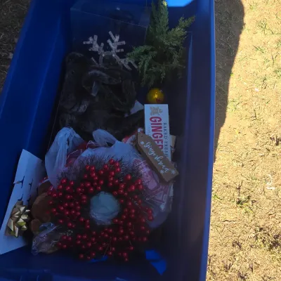 Sale Photo Thumbnail #125: Large collection of Christmas decorations contained in a blue plastic storage tote. Includes red berry wreaths, artificial greenery, a plush gingerbread figure, wooden nutcracker, gingerbread signage, gift bows, and decorative accents. Items appear to be 