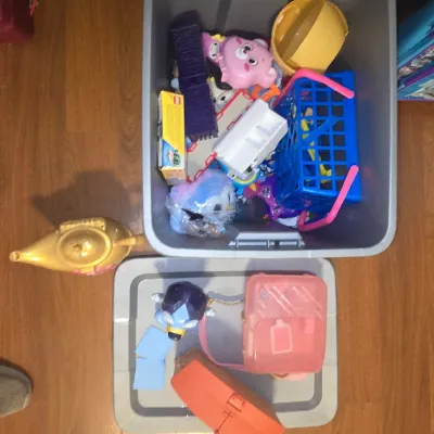 Sale Photo Thumbnail #51: Large collection of assorted children's toys, plushies, and accessories. Includes a LEGO Creator 3in1 set box (31121), Bluey figure and playset piece, Magic Mixies genie lamp, toy shopping basket, plush owl, small plastic cases, and various additional toy