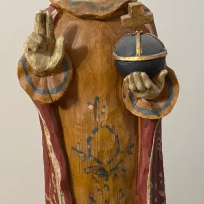 Sale Photo Thumbnail #45: Hand-carved and painted wooden statue depicting the Infant Jesus of Prague, featuring a crowned figure holding a globus cruciger and raising two fingers in blessing.