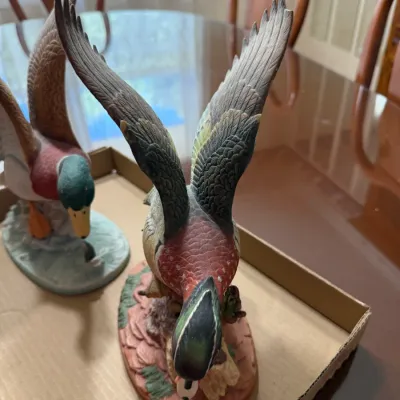 Sale Photo Thumbnail #242: Pair of detailed hand-painted porcelain duck figurines depicting mallard waterfowl with wings spread in flight.
