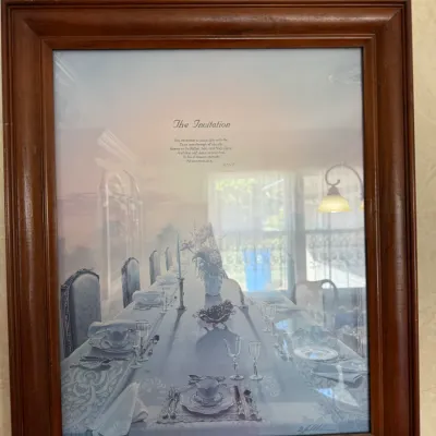 Sale Photo Thumbnail #335: Framed Christian art print titled "The Invitation" by Danny Hahlbohm, housed in a stained wooden frame.