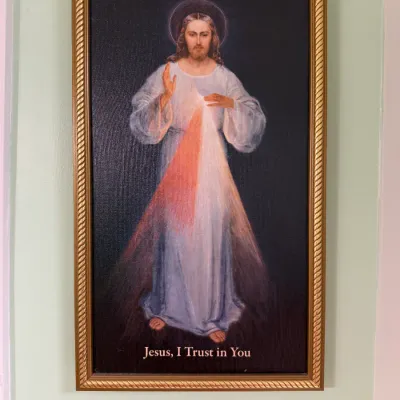 Sale Photo Thumbnail #148: Framed Divine Mercy Jesus art print featuring the text 'Jesus, I Trust in You,' housed in a gold-finished rope-edge frame.