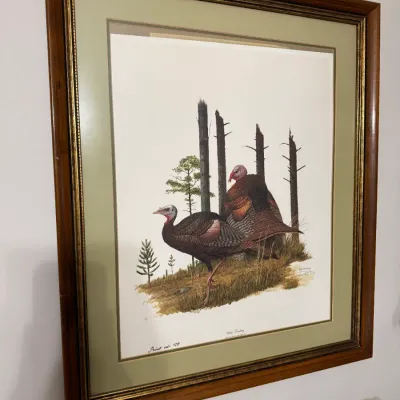 Sale Photo Thumbnail #39: Framed wildlife art print depicting wild turkeys, presented in a double mat and a molded wood frame with gold inner trim.
