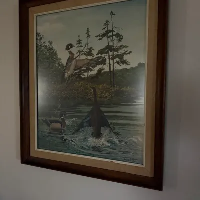 Sale Photo Thumbnail #35: Framed wildlife art print depicting ducks taking flight over a lake, housed in a thick wood frame with an inner beige mat.