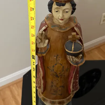 Sale Photo Thumbnail #47: Hand-carved and painted wooden statue depicting the Infant of Prague, standing approximately 18 inches tall with visible paint wear consistent with age.
