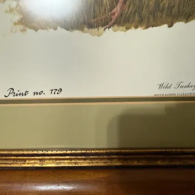 Sale Photo Thumbnail #41: Close-up detail of a framed 'Wild Turkey' wildlife art print, labeled 'Print no. 179' in a gilt wood frame with matting.