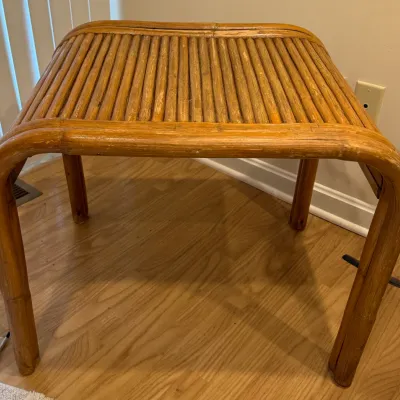 Sale Photo Thumbnail #142: Vintage bentwood bamboo and rattan side table featuring a slatted top and waterfall edges.