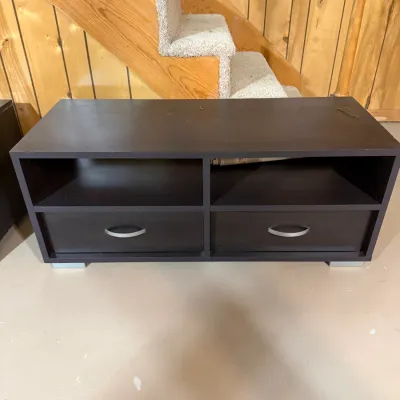 Sale Photo Thumbnail #379: Modern dark brown media console featuring two open shelves and two lower drawers with silver-tone metal handles.