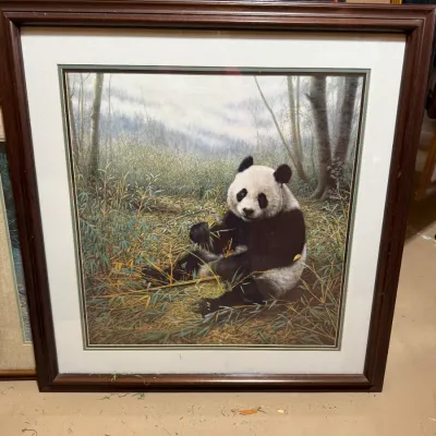 Sale Photo Thumbnail #393: Large framed wildlife print depicting a giant panda sitting in a bamboo forest, housed in a thick dark wood frame with matting.