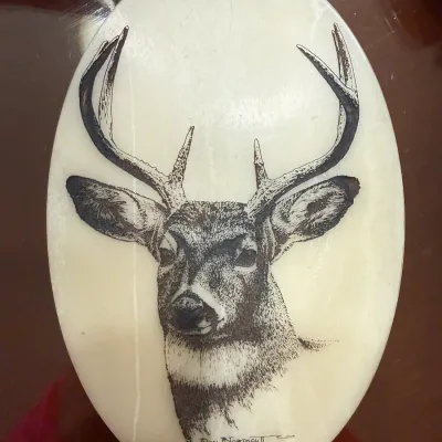 Sale Photo Thumbnail #257: Oval scrimshaw-style plaque depicting a white-tailed buck, signed Don Northcutt and dated 1986.