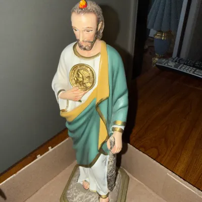 Sale Photo Thumbnail #273: Painted resin statue of St. Jude Thaddeus featuring classic green and yellow robes, holding a staff and medallion.
