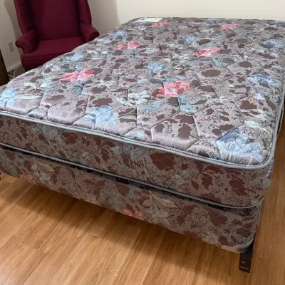 Sale Photo Thumbnail #93: Full or queen-size mattress set featuring a vintage floral brocade fabric covering both the mattress and box spring.