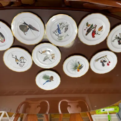 Sale Photo Thumbnail #210: Collection of ten porcelain collector plates featuring various bird illustrations, accented with gold rims.
