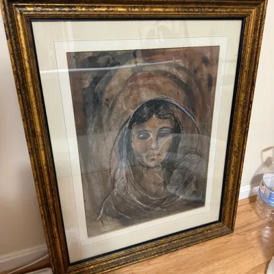 Sale Photo Thumbnail #368: Framed expressionist portrait of a veiled woman in muted earth tones, presented in a ornate gold-finished wooden frame with double matting.