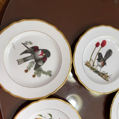 Sale Photo Thumbnail #214: Set of vintage porcelain collector plates featuring songbird artwork by Ray Harm, with gilded scallop edges.