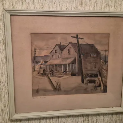 Framed and matted watercolor painting titled 'The Fish Market' depicting a harbor scene with buildings, boats, and telephone...
