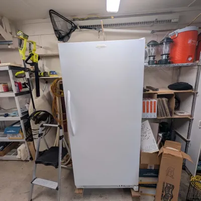 White upright standalone freezer situated in a garage alongside power tools, shelving, and household equipment.
