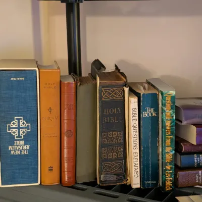 Collection of vintage and modern Bibles and religious reference books displayed on a shelf.