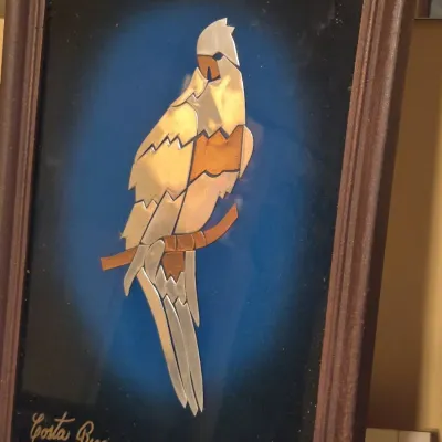Framed mixed-metal parrot artwork from Costa Rica, featuring copper and silver-toned inlay on a dark background.