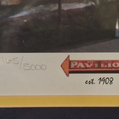 Numbered print detail featuring the Myrtle Beach Pavilion logo, hand-numbered 165 out of 5000 in pencil.