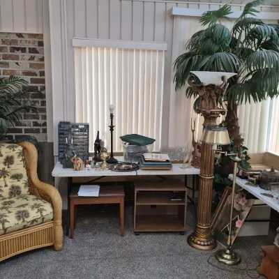 A sunroom filled with various home goods including a wicker armchair with palm tree upholstery, floor lamps, small decorative figurines,...