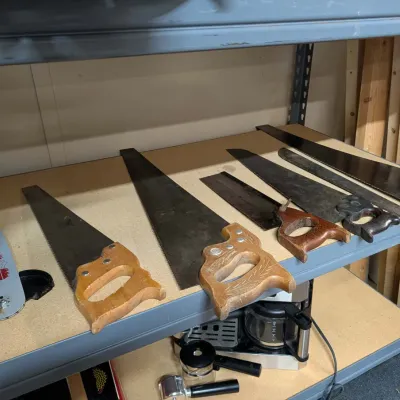 Collection of vintage hand saws and a chainsaw guide bar arranged on metal shelving.