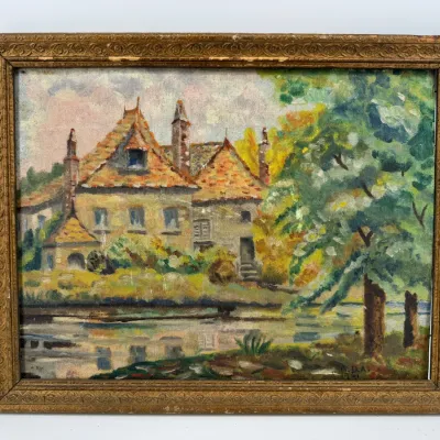 Sale Photo Thumbnail #85: Lot 85: 1941 signed painting of a cottage