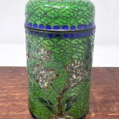 Sale Photo Thumbnail #110: Lot 110: cloisonne cylinder container 