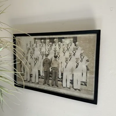 Sale Photo Thumbnail #663: Framed World War II US Navy class photo from Electrician's Mate School, Bainbridge, Maryland, dated September 23, 1944.