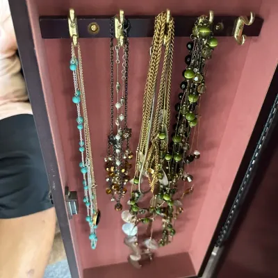 Sale Photo Thumbnail #147: Collection of fashion necklaces displayed on brass hooks inside a felt-lined wooden jewelry cabinet door, featuring beaded, chain, and faux turquoise styles.