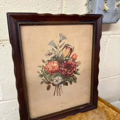 Sale Photo Thumbnail #120: Framed vintage botanical art print by J. L. Prévost depicting a bouquet of flowers, housed in a scalloped dark wood frame with rope trim detail.