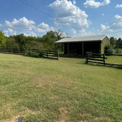 Sale Photo Thumbnail #278: Outdoor farm property featuring a grassy field, wooden fencing, metal garden arbor, and a three-sided metal pole barn.