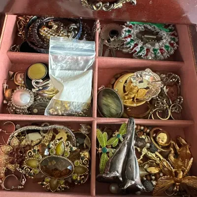 Sale Photo Thumbnail #140: Jewelry chest drawer filled with various vintage costume jewelry pieces, including brooches, necklaces, pendants, and earrings.