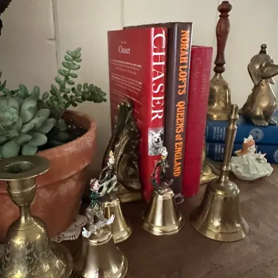 Sale Photo Thumbnail #244: Collection of vintage brass hand bells, metal bookends holding hardcover books, and small decorative figurines arranged on a shelf alongside a potted succulent.