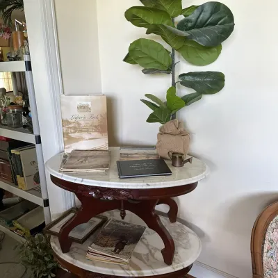 Sale Photo Thumbnail #234: Two-tiered Victorian style round accent table with white marble tops, mahogany-finished carved wood frame, and displayed local history books.