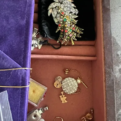 Sale Photo Thumbnail #139: Assorted costume jewelry arranged in a pink felt-lined box compartment, featuring a vintage rhinestone Christmas tree brooch, earrings, and pendants.