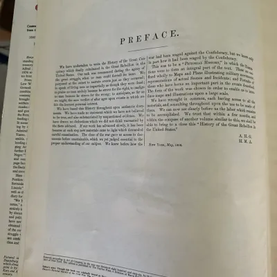 Sale Photo Thumbnail #415: Open preface page from a vintage or antique history book regarding the Great Rebellion, featuring dated text from May 1866.