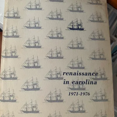 Sale Photo Thumbnail #450: Vintage book titled "Renaissance in Carolina 1971-1976" featuring a repeating sailing ship motif cover pattern.