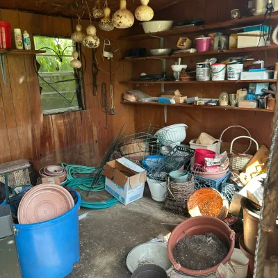 Sale Photo Thumbnail #759: A collection of workshop and gardening supplies inside a wood-paneled shed, featuring dried gourds hanging from the ceiling, plastic planters, garden hoses, and wall shelving.