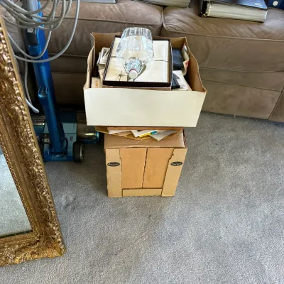 Sale Photo Thumbnail #382: Cardboard boxes containing assorted household miscellany, including glass bottles and ephemera, stacked in front of a tan sofa with photo albums.