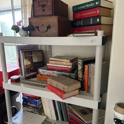 Sale Photo Thumbnail #248: White plastic shelving unit filled with vintage books, medical references, history volumes, and small wooden storage boxes.