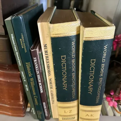 Sale Photo Thumbnail #240: Collection of vintage hardcover books, including a two-volume set of The World Book Encyclopedia Dictionary and regional history titles.