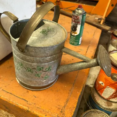 Sale Photo Thumbnail #573: Vintage galvanized steel watering can featuring painted green ivy details and a fixed top handle.